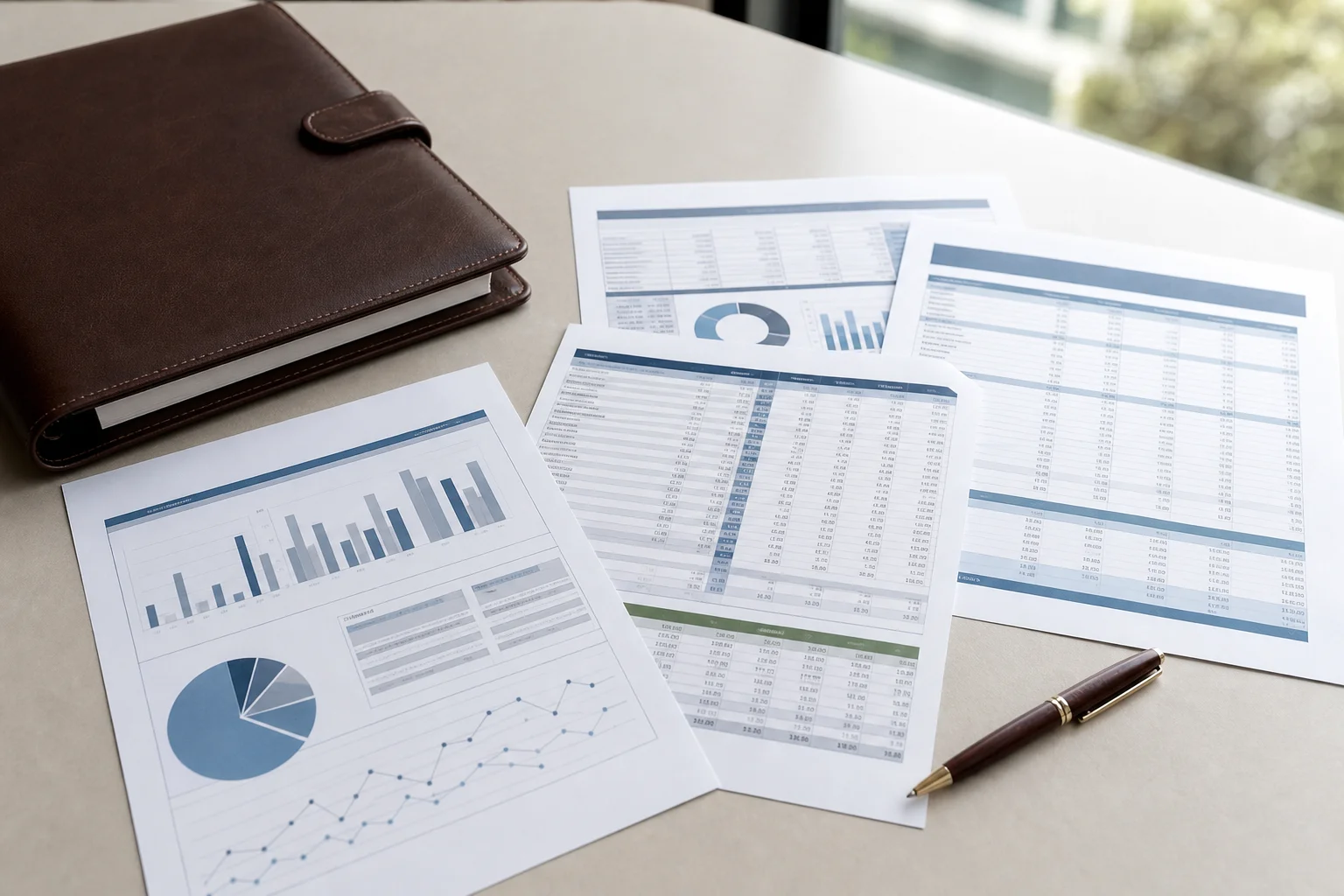 Close-up of organized real estate financial documents including rent rolls, bank reconciliation statements, and monthly reporting packets on a clean surface