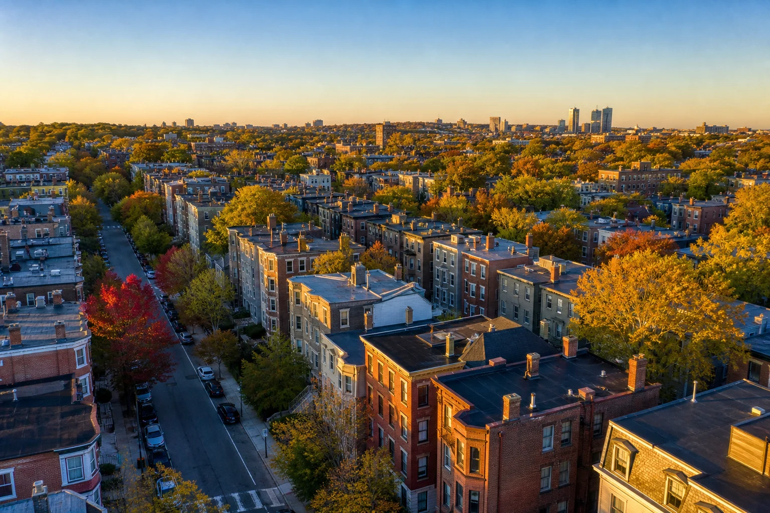 Aerial view of Boston multi-family properties representing outsourced real estate accounting in Boston