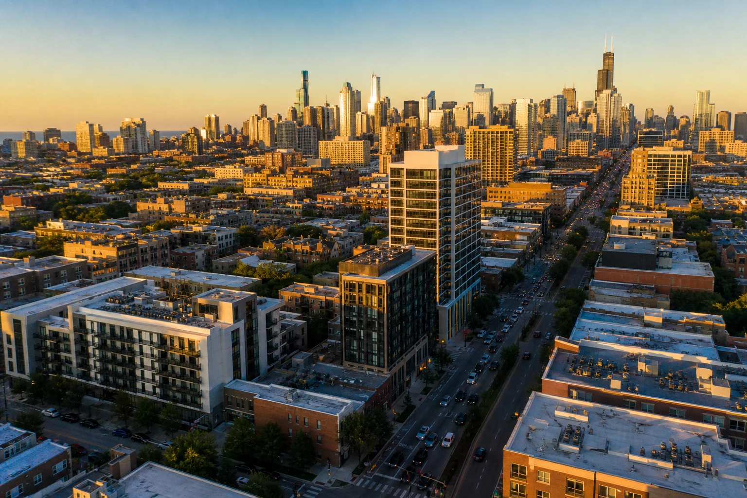Aerial view of Chicago mixed-use and apartment properties representing outsourced real estate accounting in Chicago