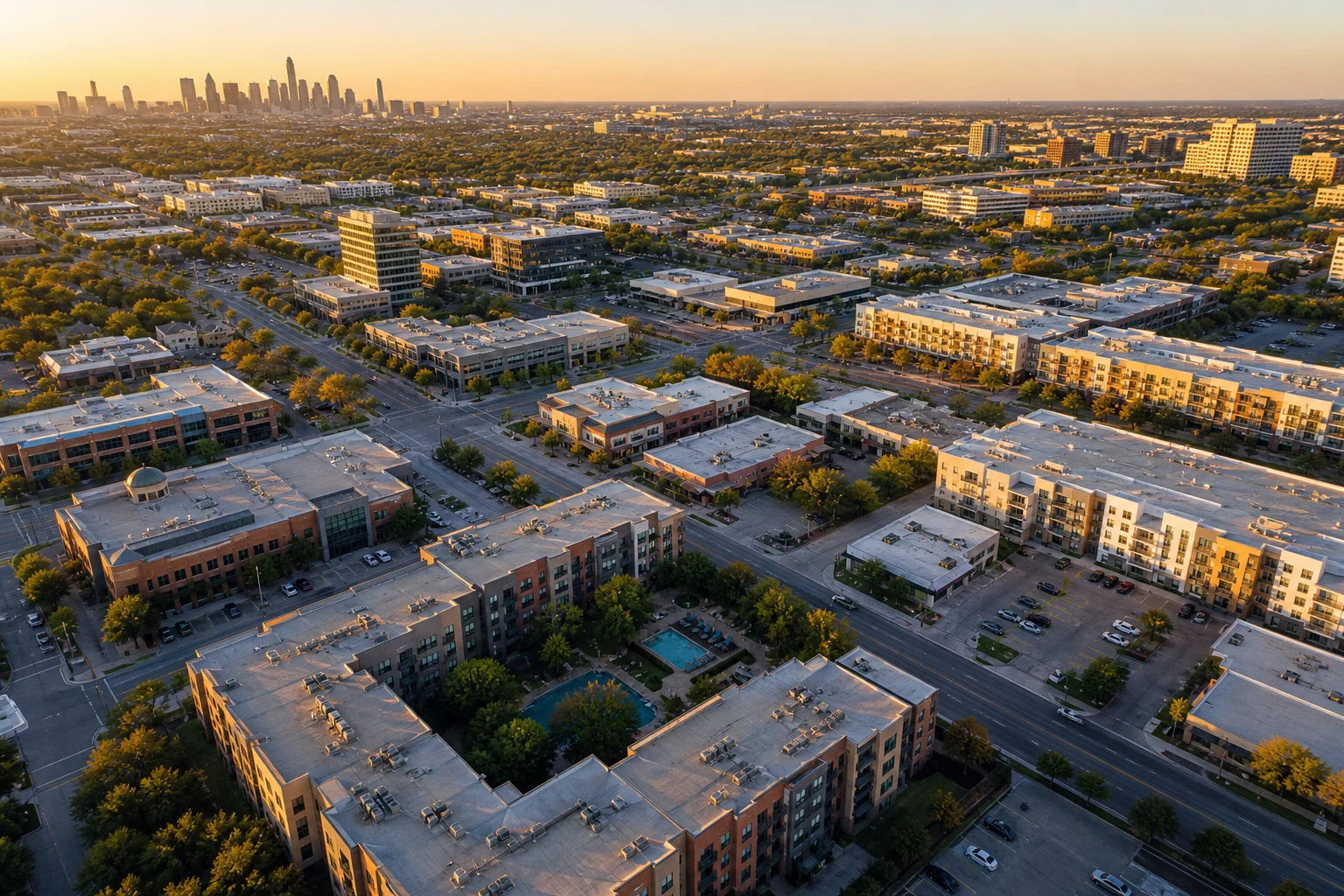 Aerial view of Dallas commercial and multifamily real estate district representing outsourced real estate accounting in Dallas
