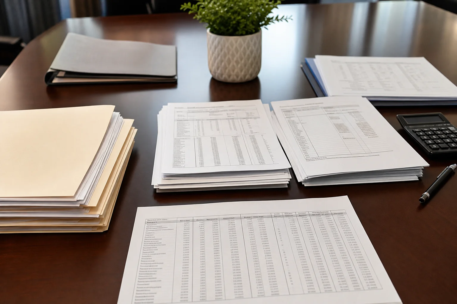 Close-up of organized Dallas real estate financial reports, accounts payable records, and property tax documentation on a conference table