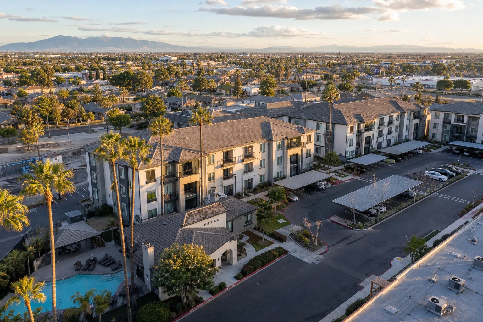 Aerial view of a Fresno multifamily property portfolio representing outsourced real estate accounting in Fresno