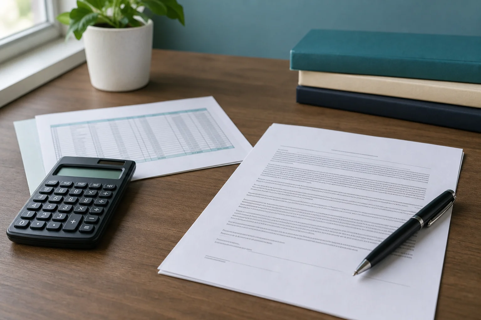 Close-up of a lease agreement, rent ledger, and calculator on a desk representing real estate accounting record-keeping