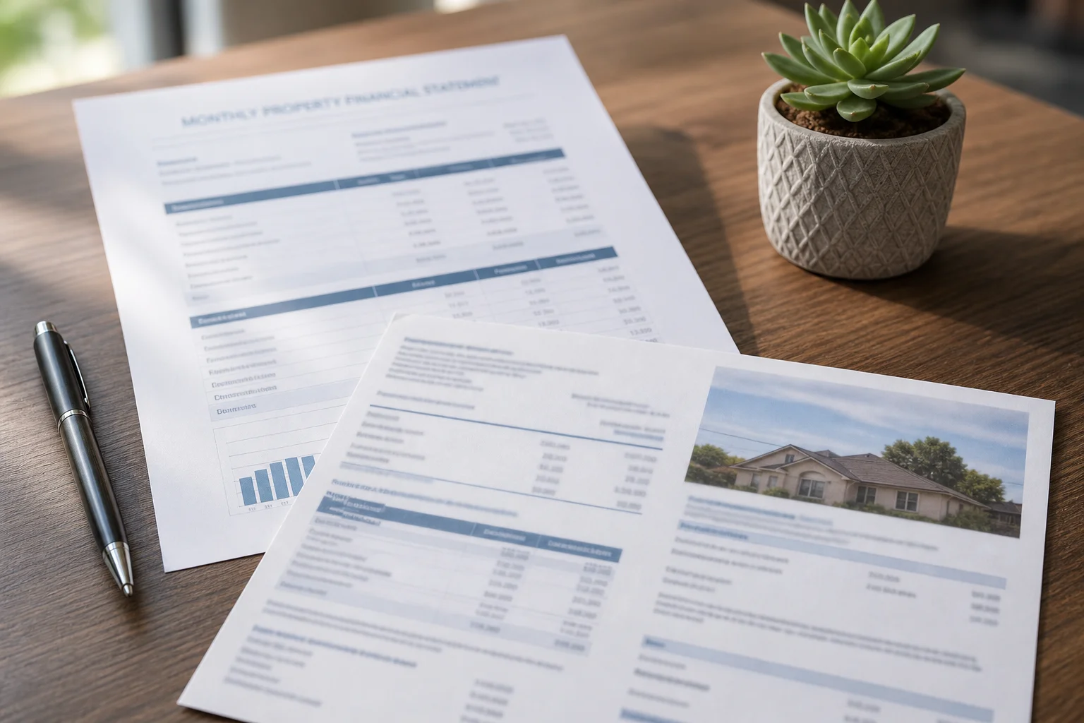 Close-up of a printed monthly financial statement and property tax notice on a desk, representing outsourced real estate accounting in Orange County