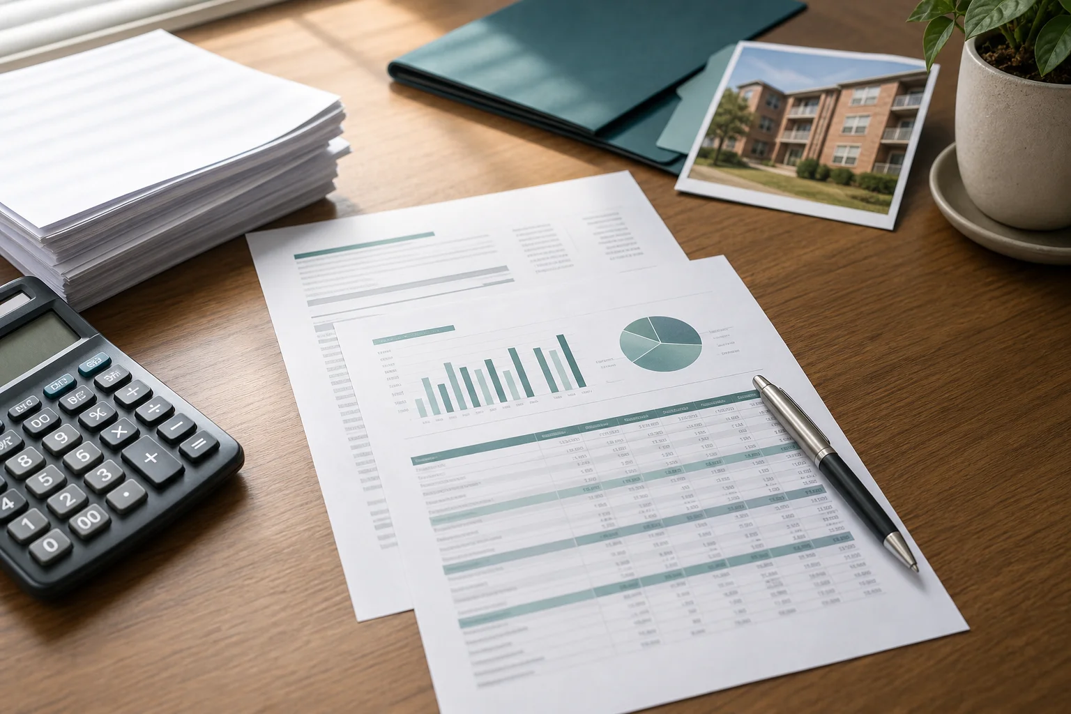 Close-up of property management financial reports and owner statements representing outsourced accounting services
