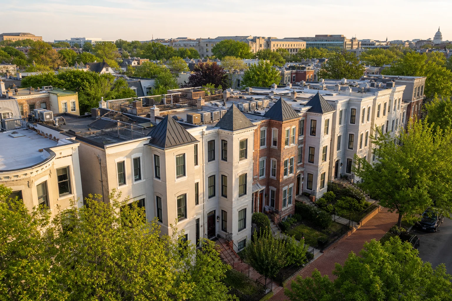 Aerial view of Washington DC rowhouse rental properties representing outsourced real estate accounting in Washington DC
