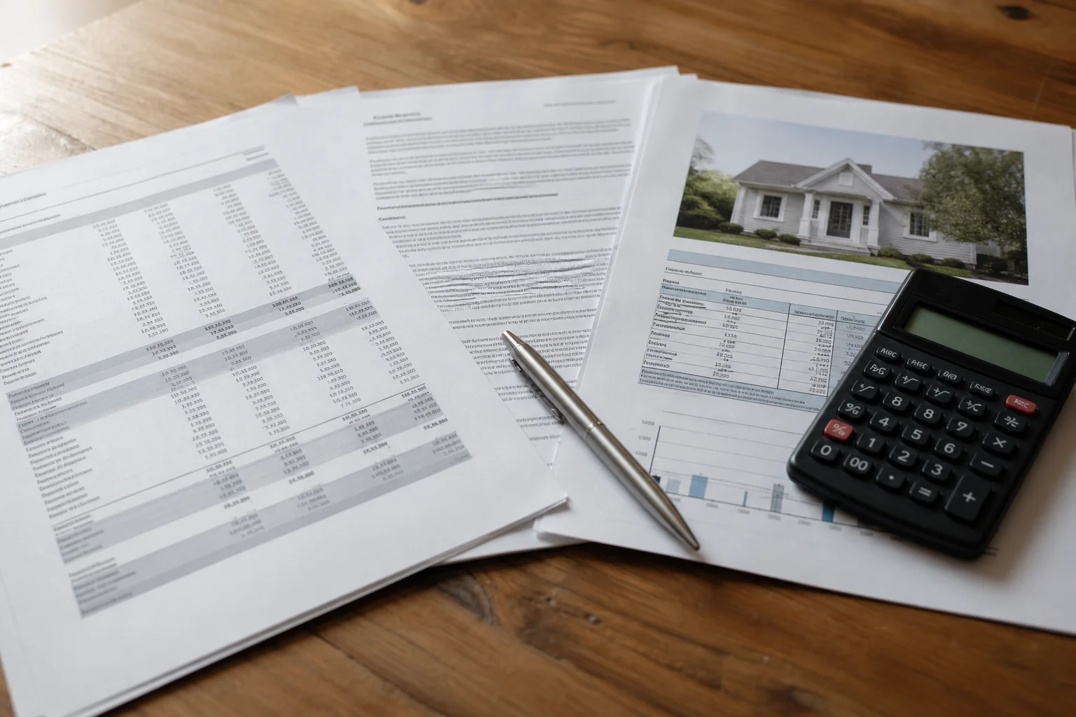 Close-up of property financial statements, lease documents, and tax paperwork on a table representing real estate accounting services in Washington DC