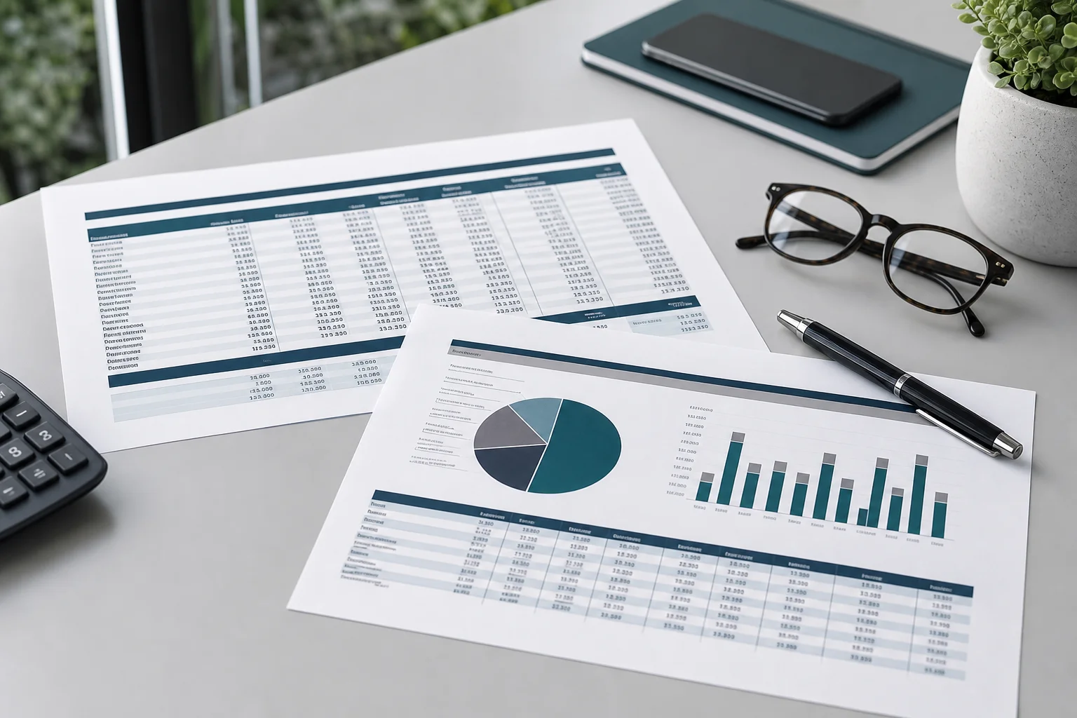 Document close-up of a Los Angeles property rent roll and budget variance report on a desk