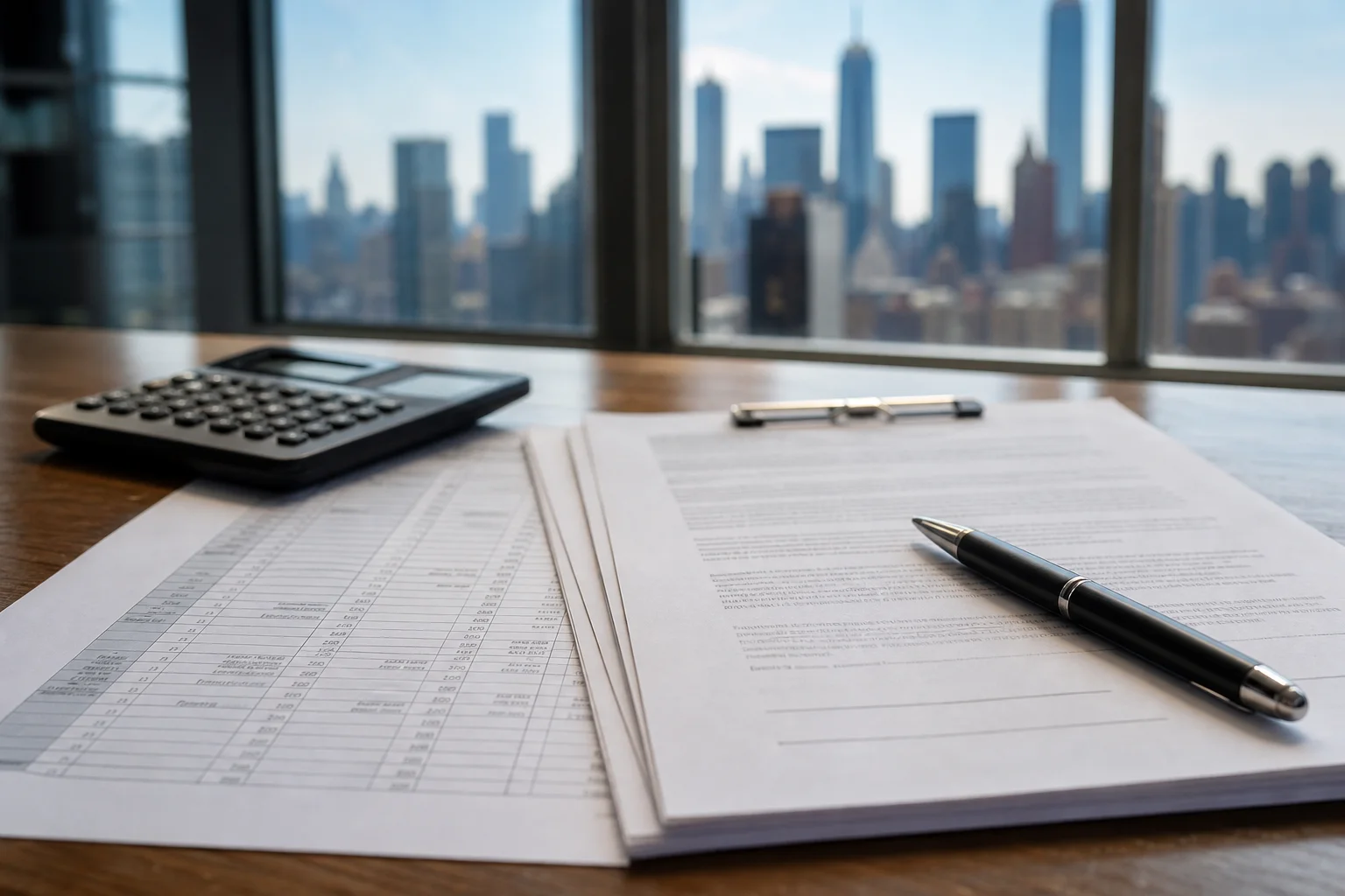 NYC lease and financial documents on a desk with the city skyline visible through a window, representing outsourced real estate accounting in New York City