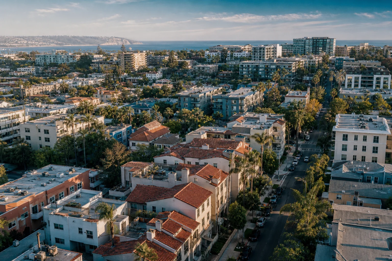 Aerial view of a San Diego residential and mixed-use neighborhood illustrating outsourced real estate accounting in san diego