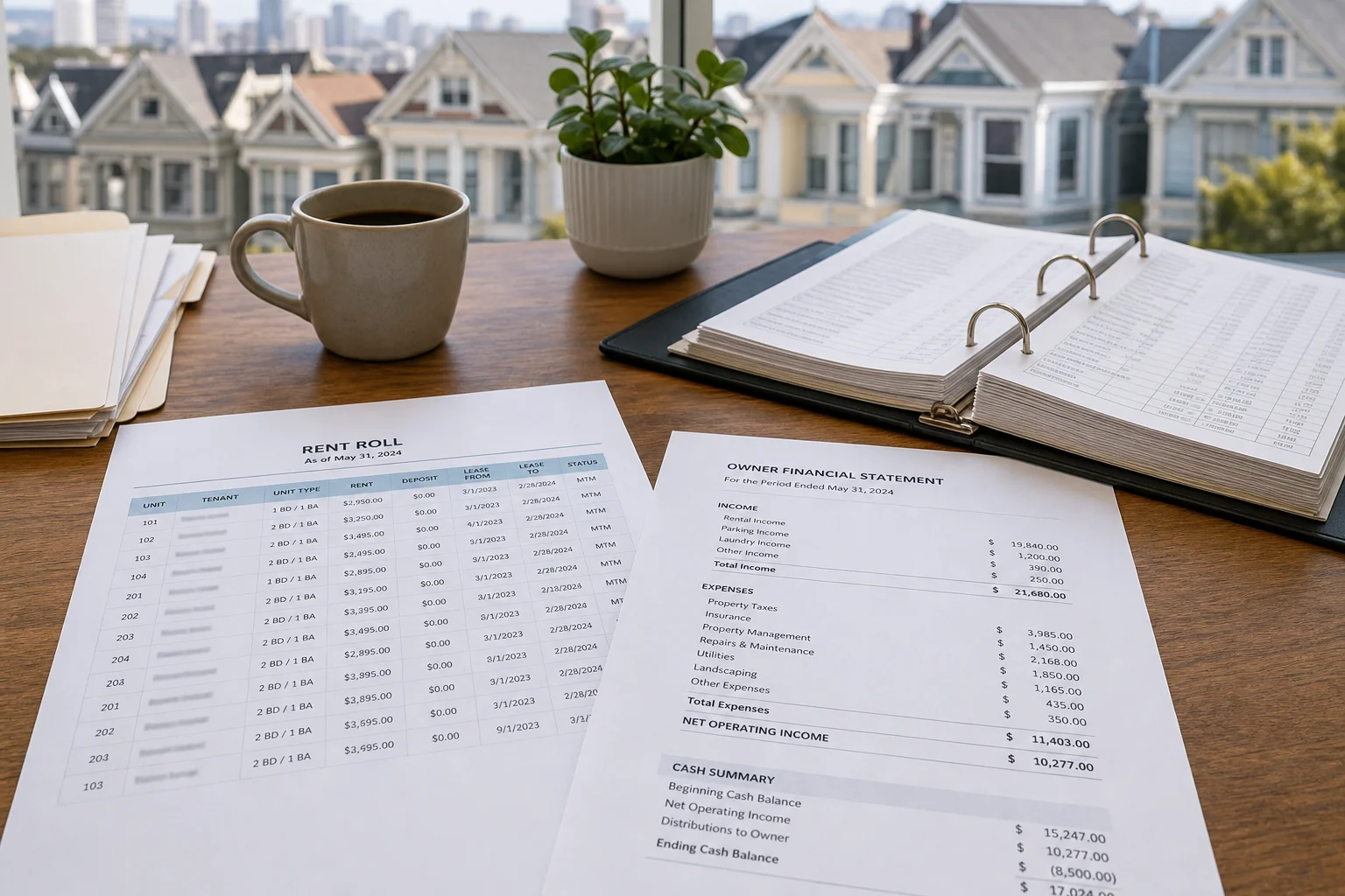 Close-up of real estate financial documents including rent roll and owner statements on a desk with San Francisco rowhouses visible through a window