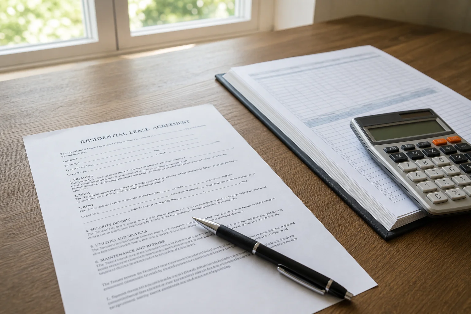 Close-up of a lease agreement and property ledger documents on a desk in a Seattle office