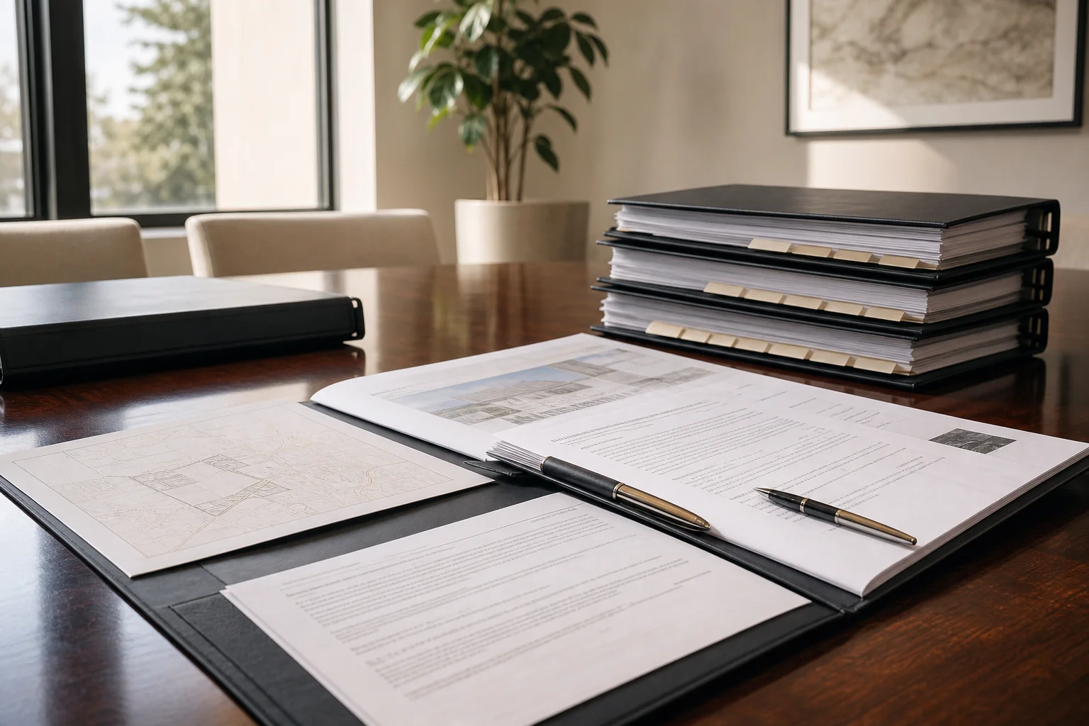 Commercial lease documents and abstraction summaries spread across a conference table with organized binder tabs, representing outsourcing lease abstraction