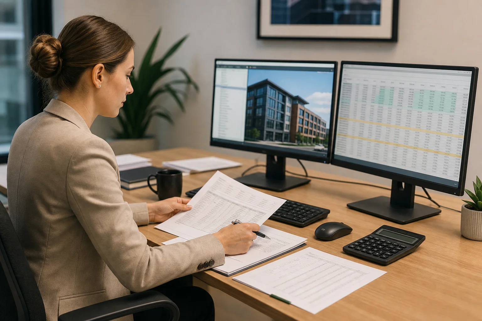 Commercial landlord reviewing percentage rent calculations for commercial landlords on a financial dashboard with lease documents