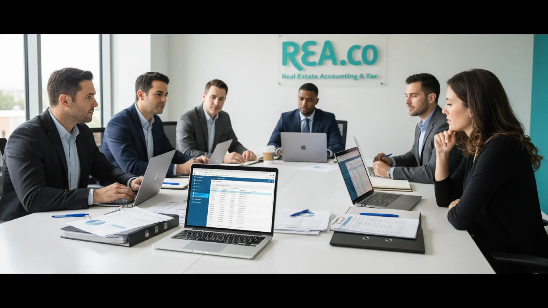 Property accounting services team collaborating on real estate financial reports and software dashboards