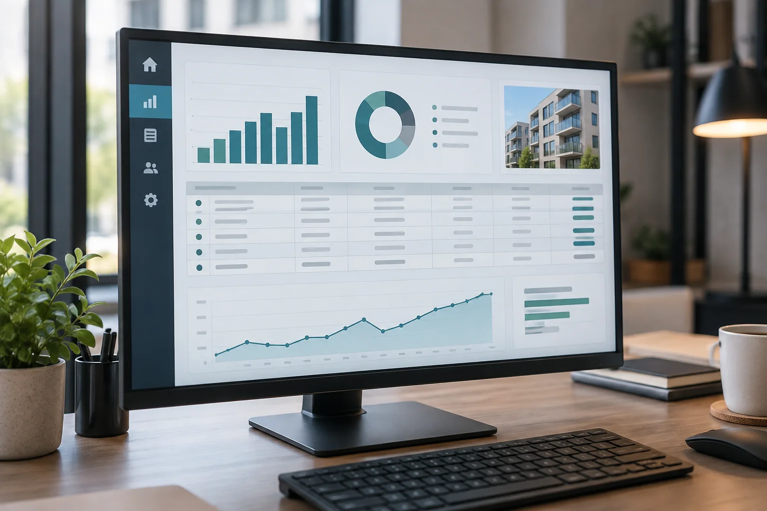 Property management accounting software dashboard displaying rent roll and cash flow charts on a monitor