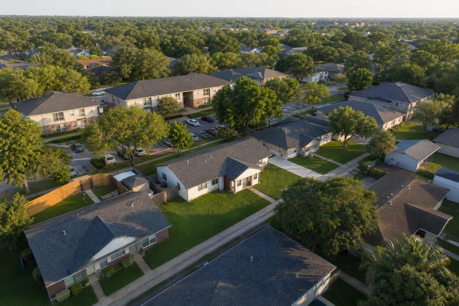Aerial view of a residential rental portfolio illustrating property management fee structures with real numbers