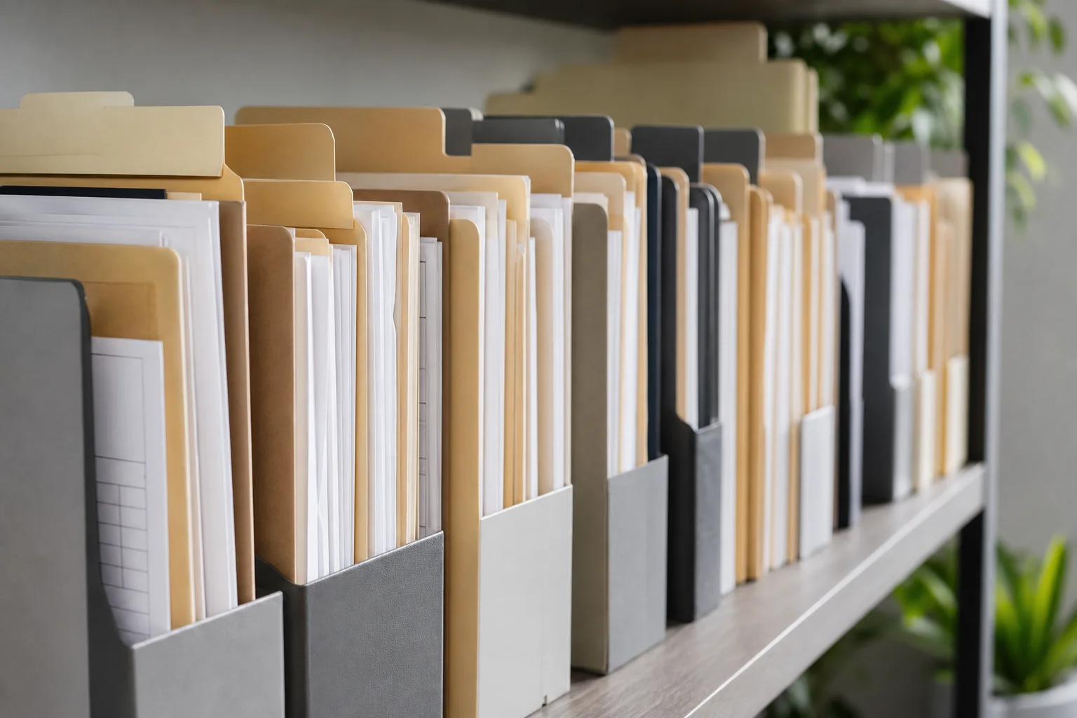 Organized property lease documents and tenant records filed in labeled folders for year-end audit review