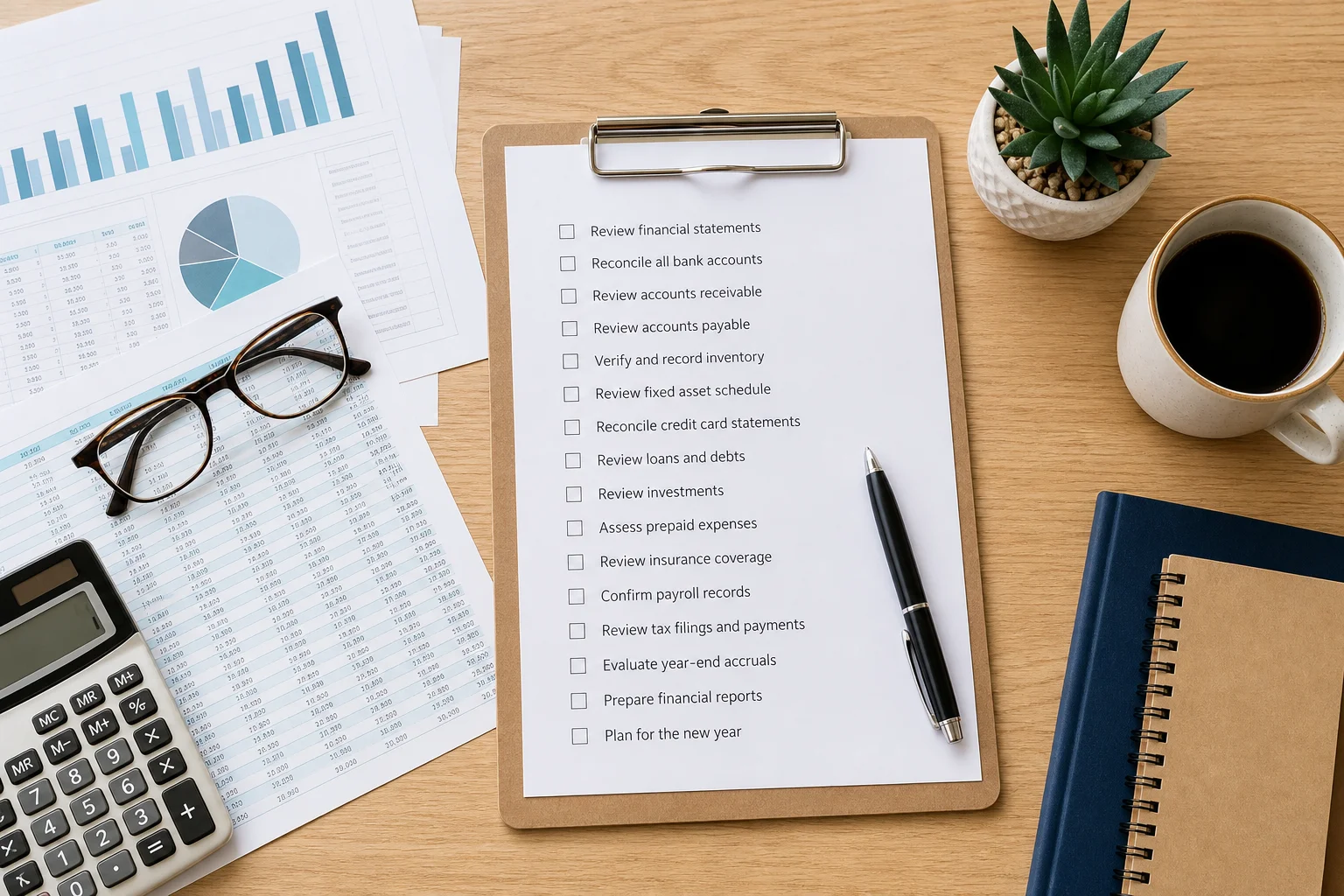 Overhead flat-lay of organized financial documents and a year-end property management checklist on a clean workspace