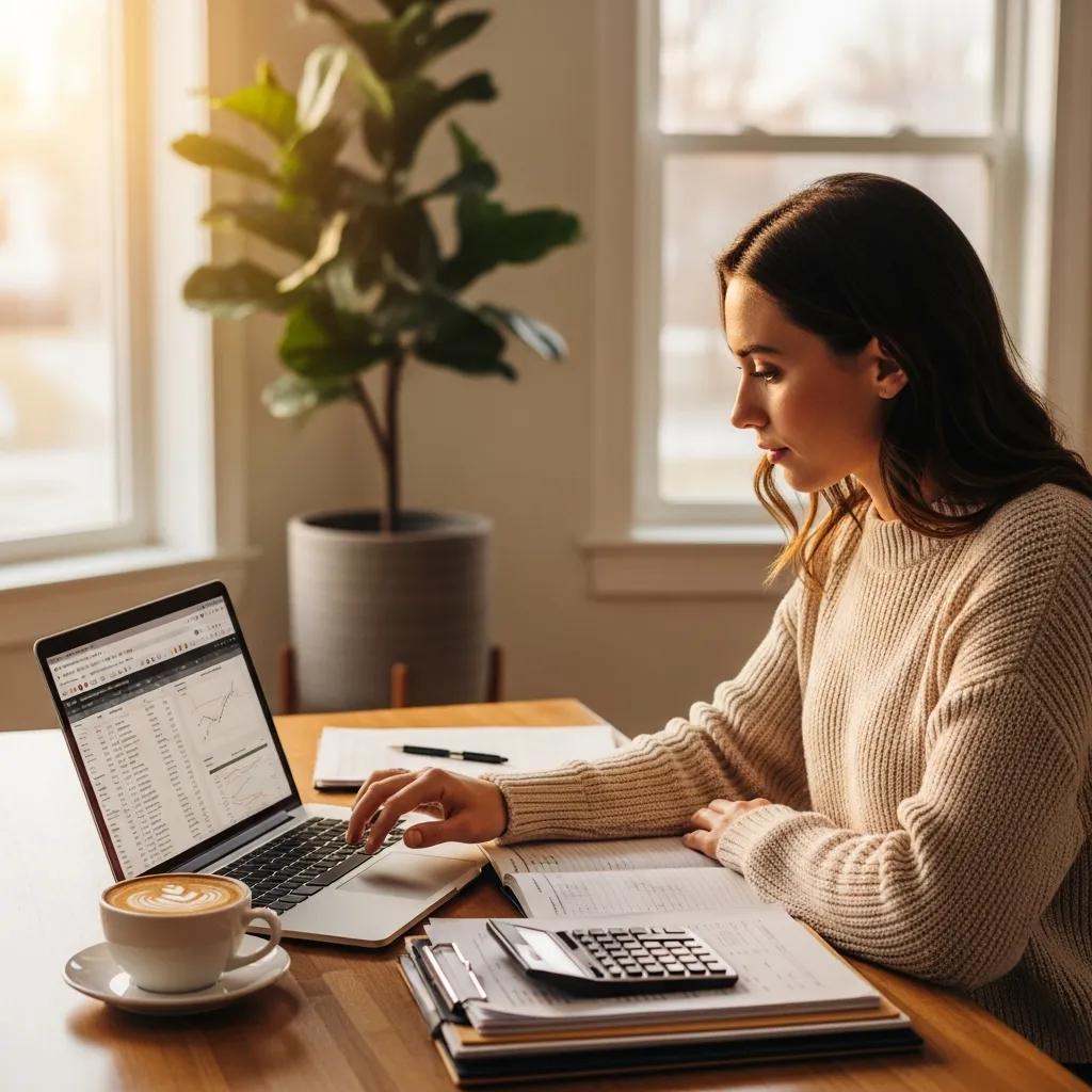 Real estate professional in a cozy home office setting focused on bookkeeping tasks