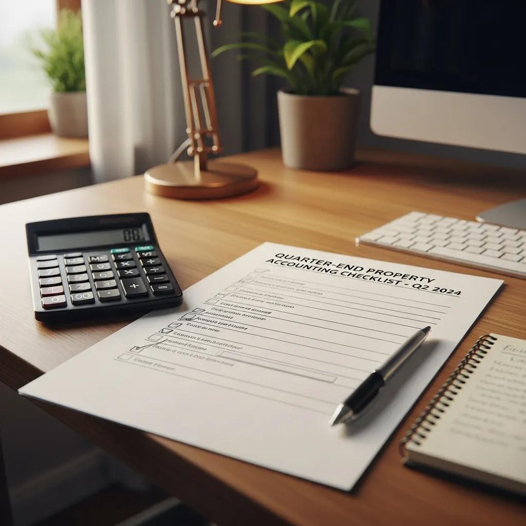 Close-up of a quarter-end property accounting checklist with office supplies