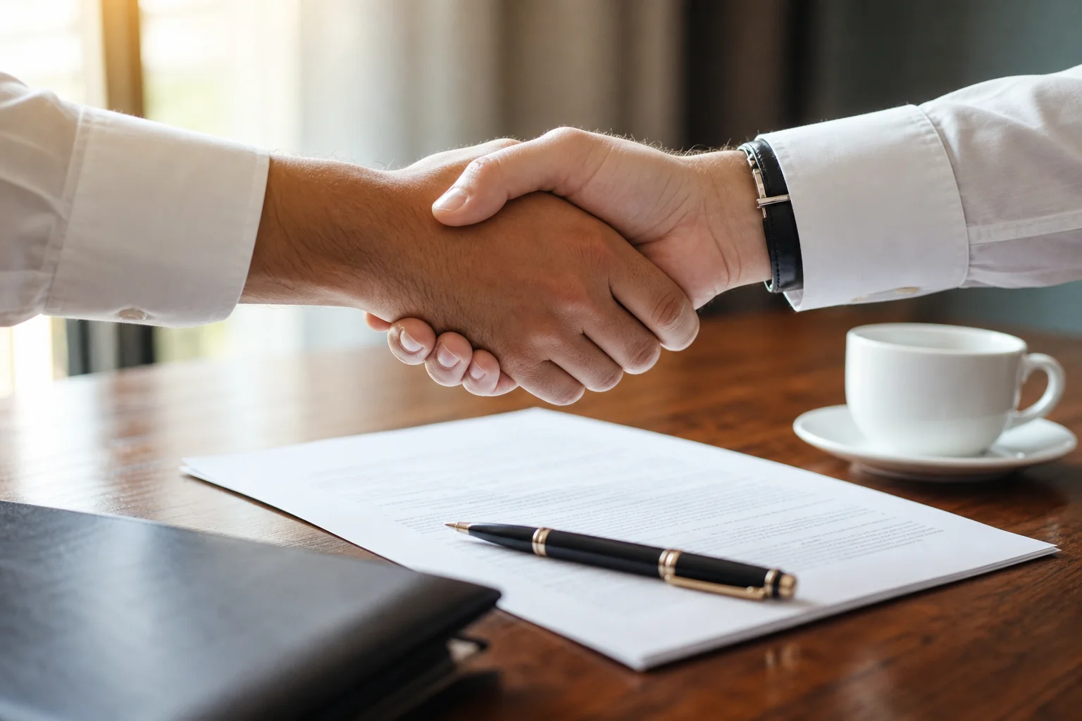 Close-up of two professional hands shaking over a printed engagement letter on a wood conference table, with a fountain pen and a coffee cup nearby, no faces in frame