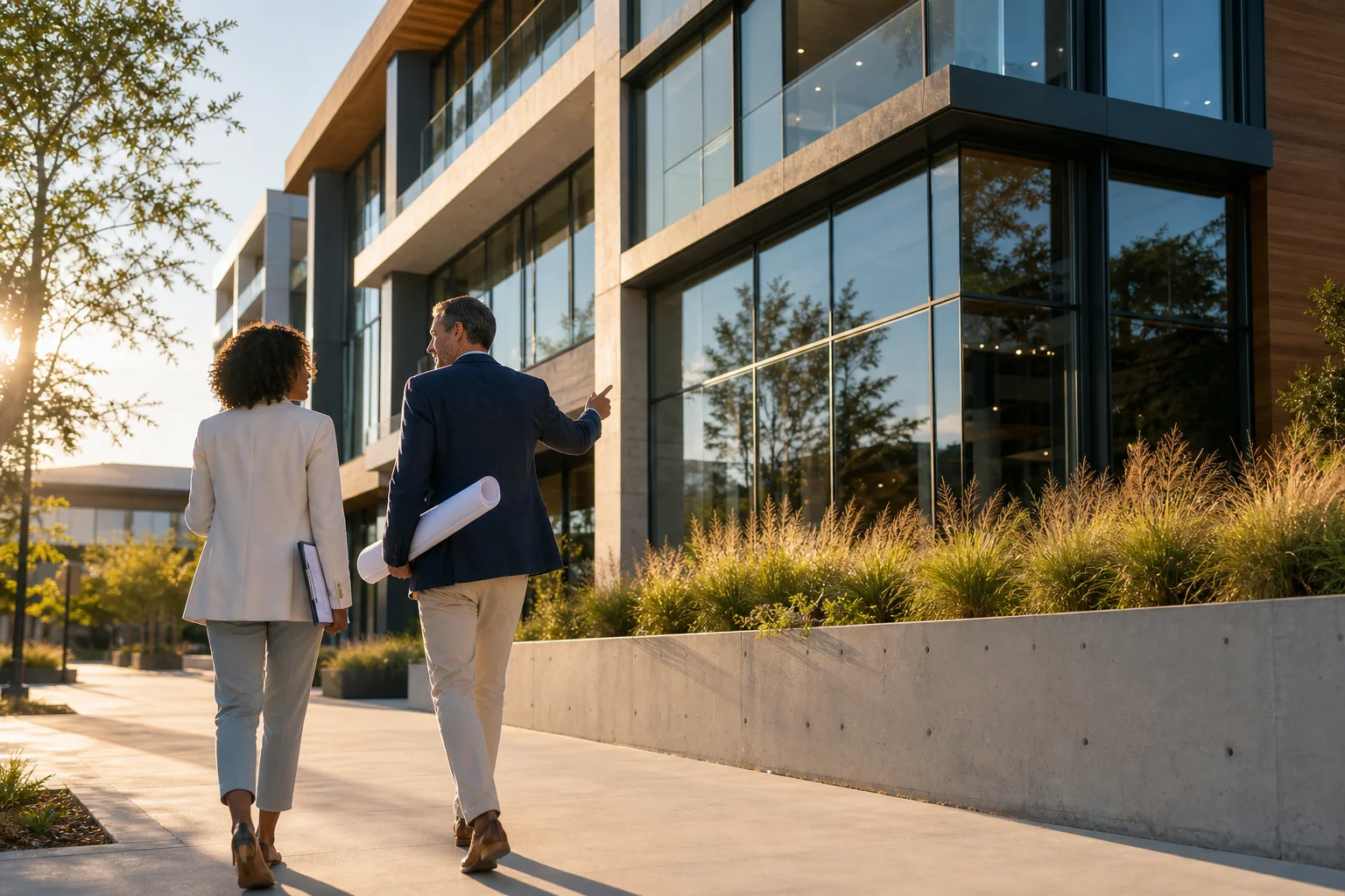 Two professionals in business casual attire walking together along the exterior of a commercial real estate property, holding a clipboard and printed building plans, mid-afternoon light