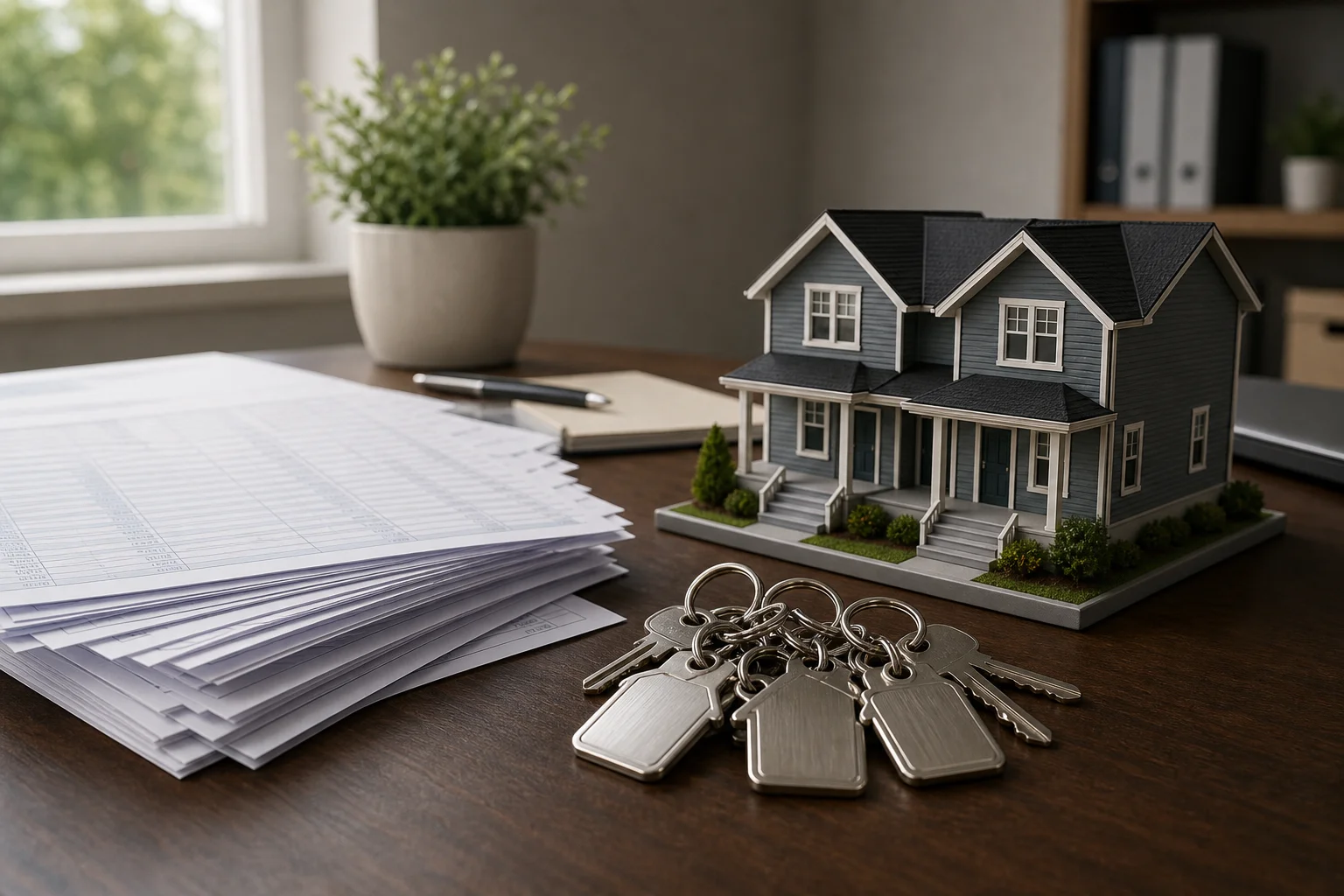 Close-up of ledger pages and labeled property keychains representing tracking income and expenses by property