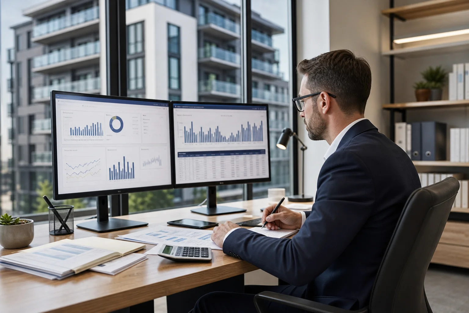 Accountant reviewing QuickBooks for real estate financial reports on dual monitors in a professional office