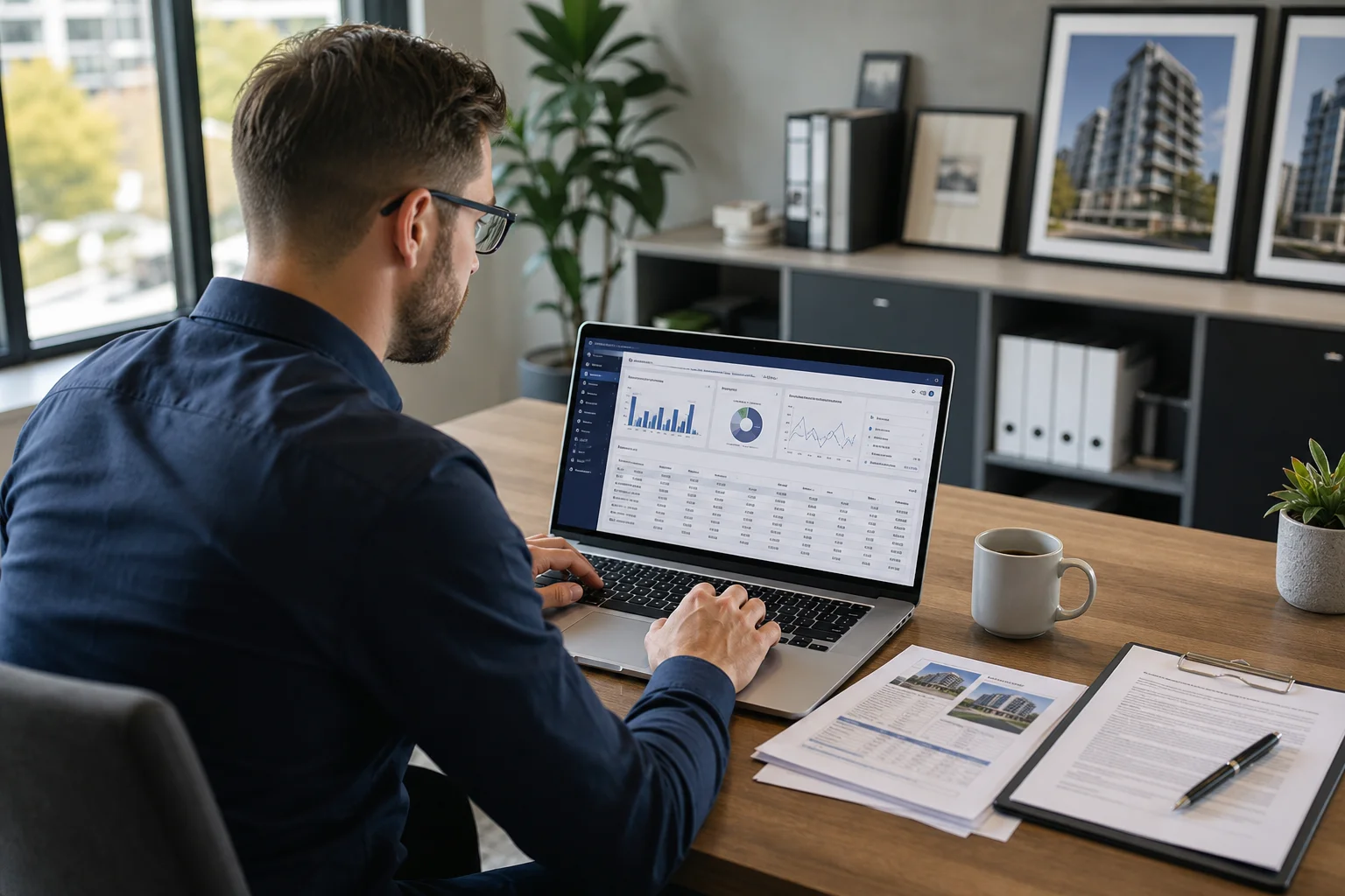 Property manager reviewing QuickBooks real estate financial reports on dual monitors in a modern office