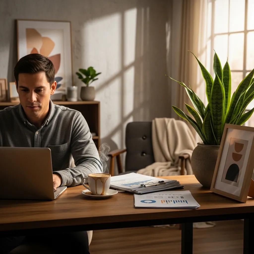 Real estate investor in a cozy home office with a laptop and property documents