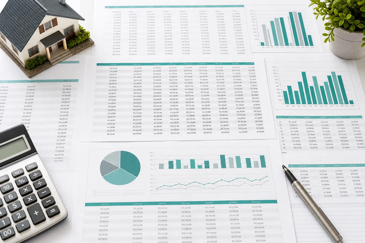 Close-up overhead view of printed real estate accounting spreadsheets and reconciliation documents laid flat on a desk showing property financial data and monthly performance charts