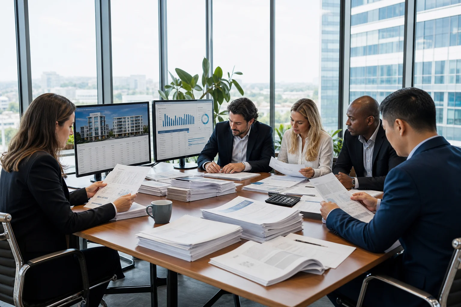 Real estate accounting due diligence team reviewing commercial property financial documents and rent rolls on dual monitors