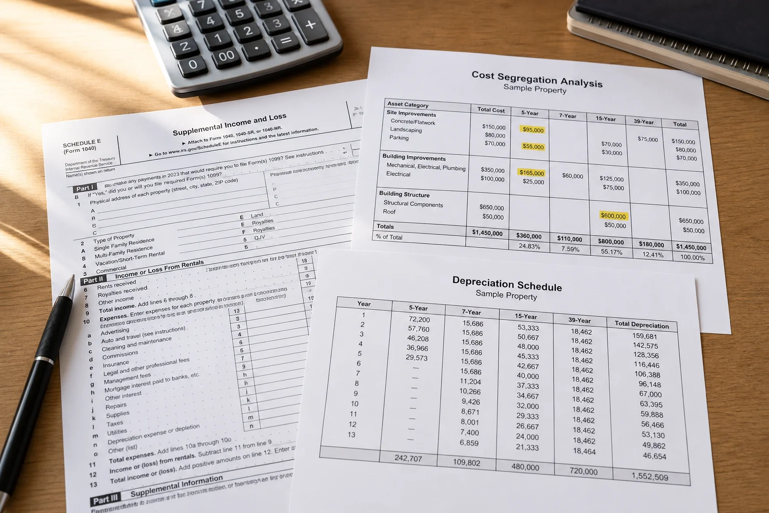 Close-up editorial photograph of real estate tax documents including a K-1 form, cost segregation worksheet, and depreciation schedule spread on a light wood surface, natural lighting, no people, photorealistic