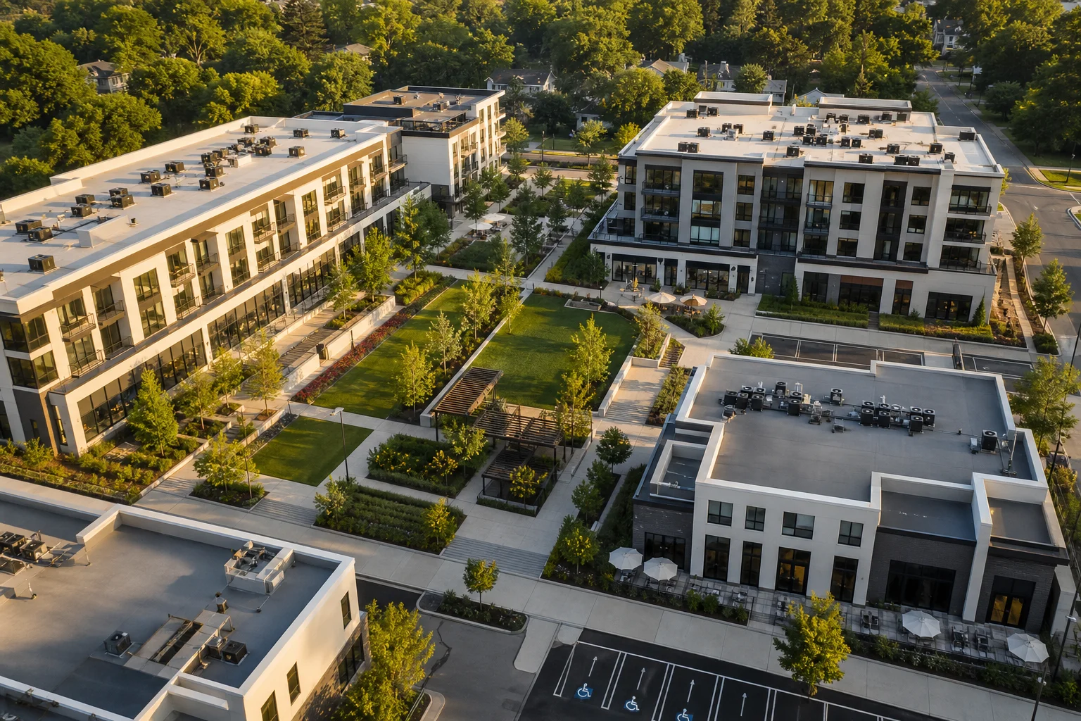 Aerial view of mixed-use real estate property portfolio illustrating the scope of automated accounting workflows in 2026