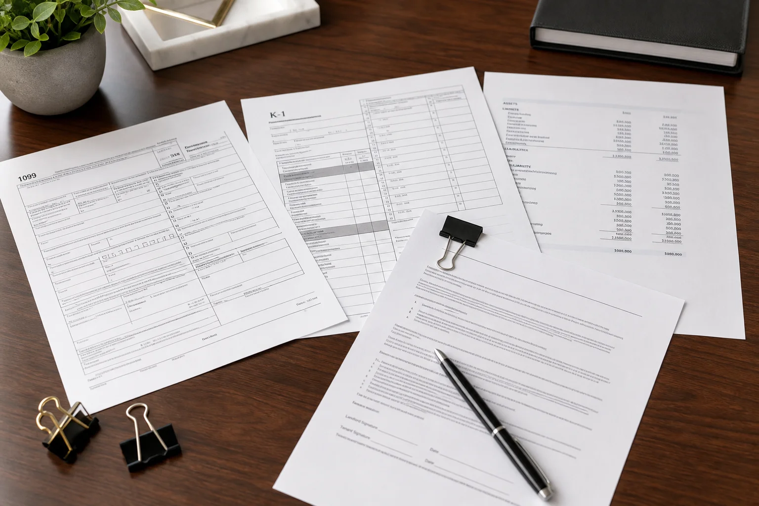 Real estate audit preparation documents including financial statements and lease files organized on a desk