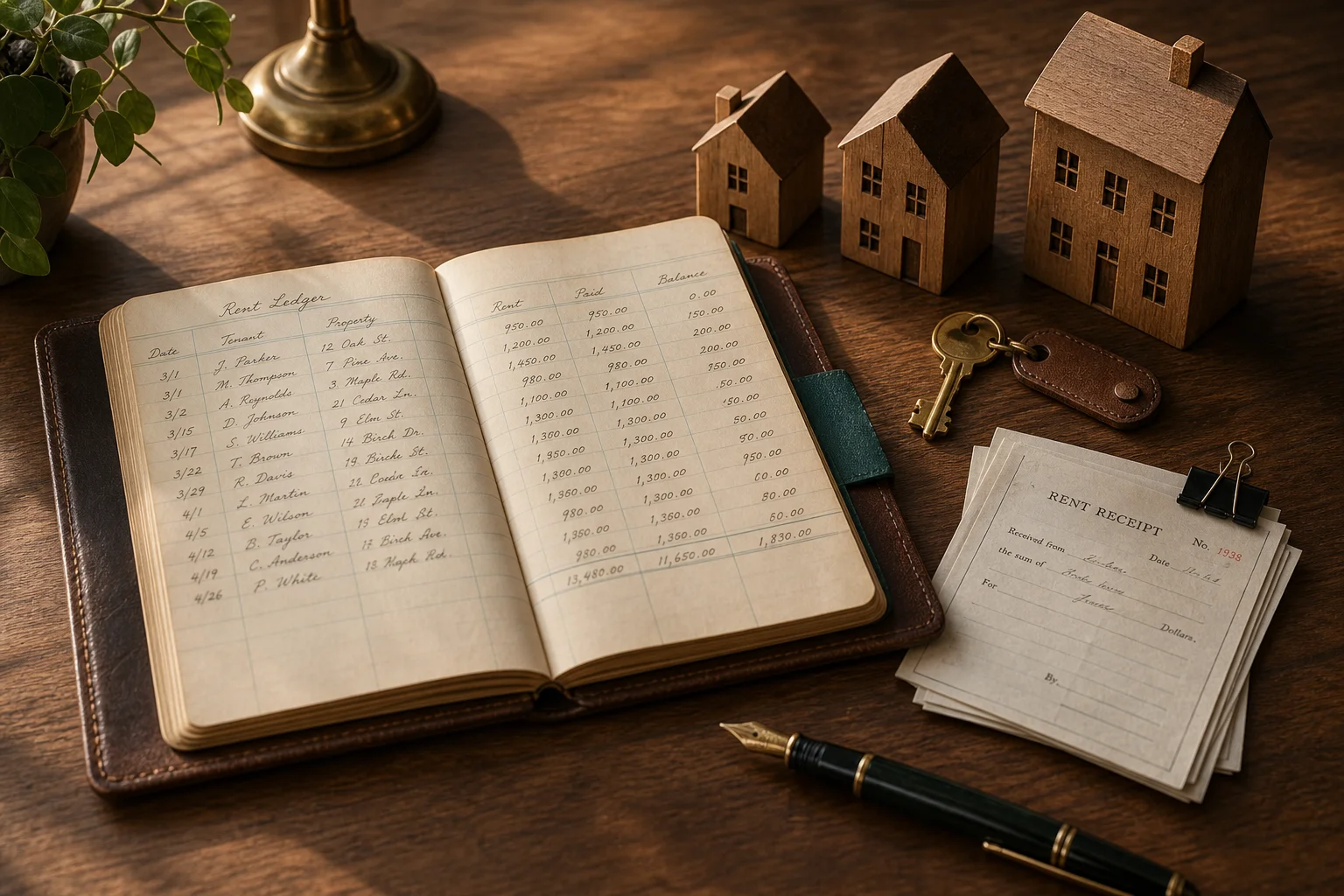 Open accounting ledger book with miniature wooden model houses, a brass key and stacked rent receipts arranged on a wooden desk surface, top-down view, representing bookkeeping systems for real estate investors