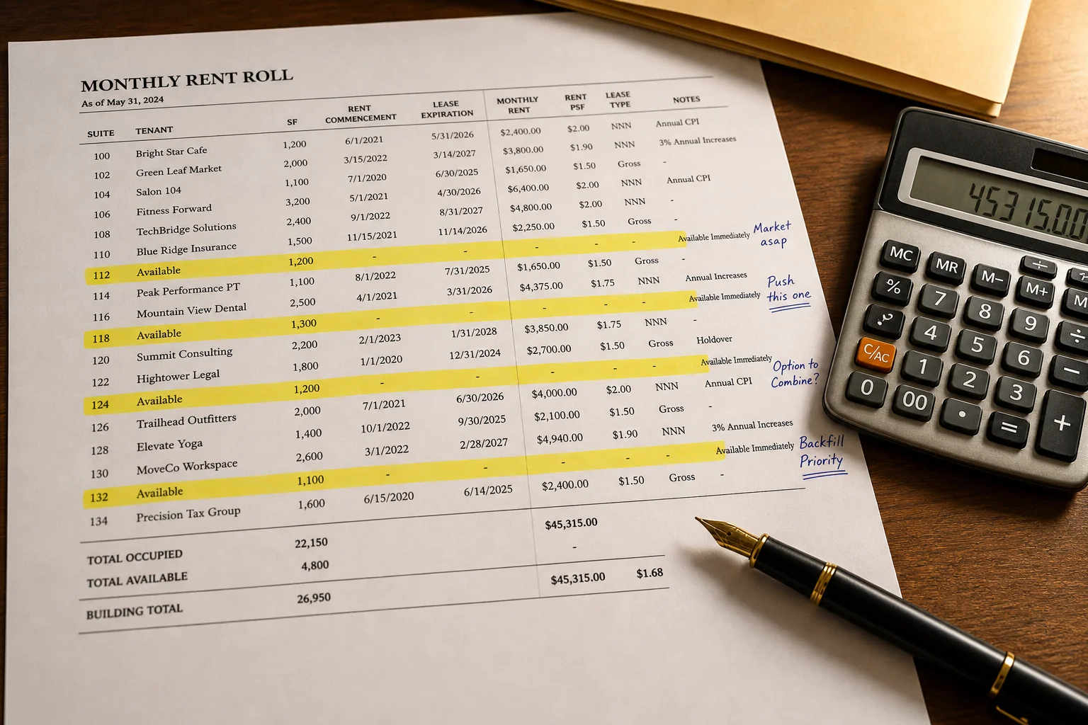 Close-up of a printed monthly rent roll document with handwritten highlighter marks beside a desk calculator and a fountain pen, no people visible