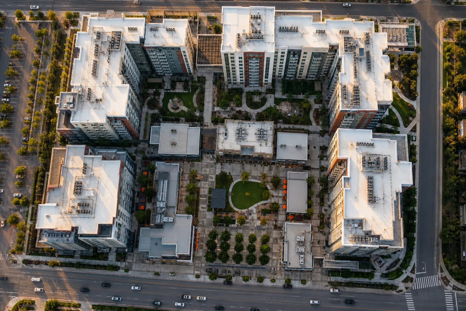Aerial drone view of a mixed-use commercial real estate development, residential towers above street-level retail, rooftops and landscaped courtyards visible from overhead