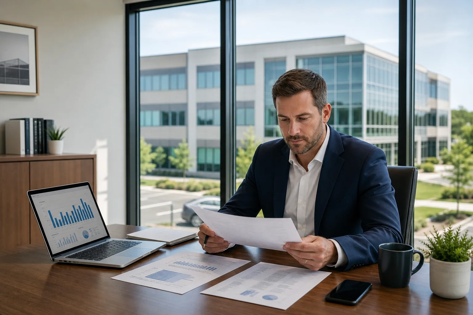 Property manager reviewing real estate financial reports on dual monitors showing AppFolio dashboard and income statement data