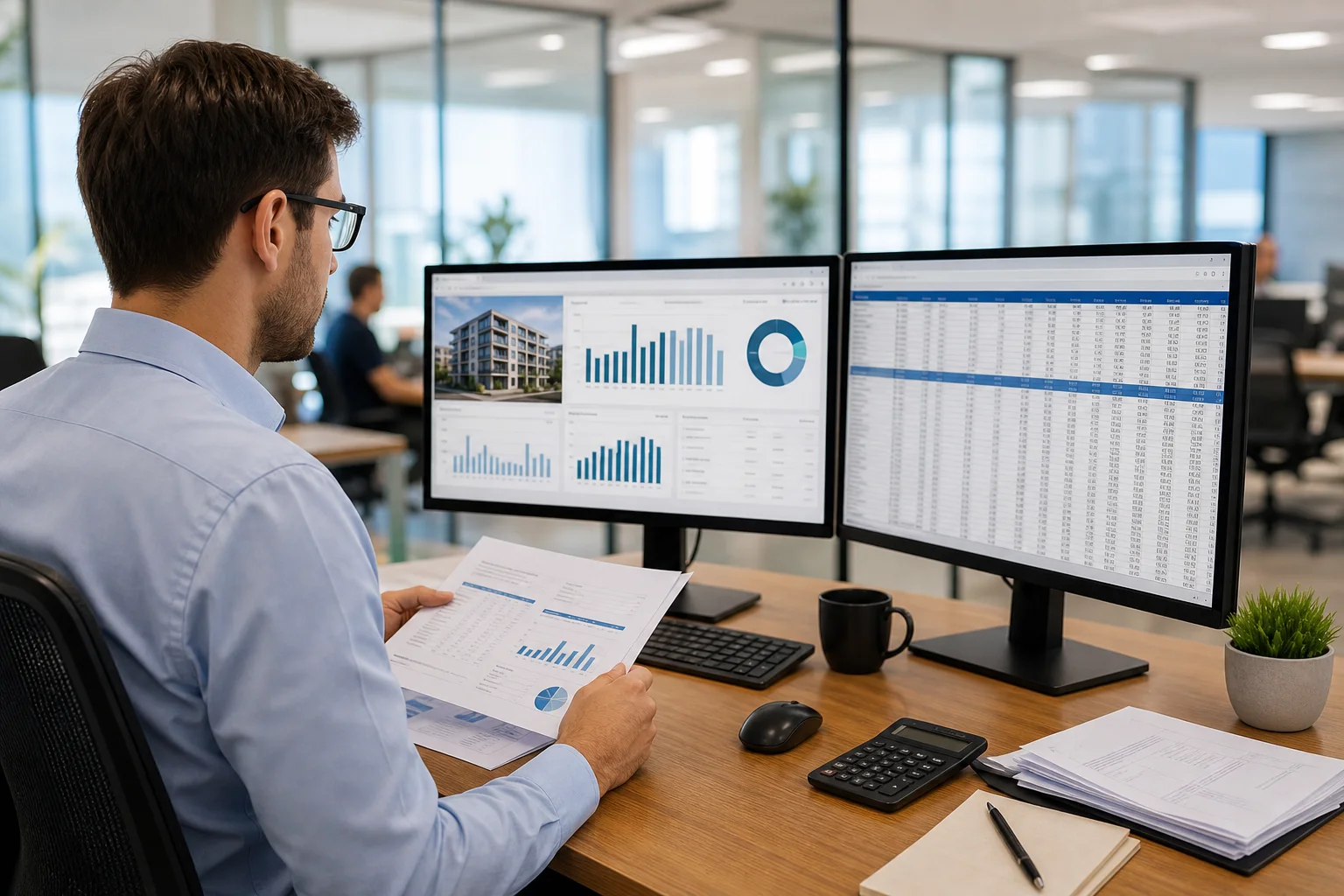 Real estate financial statements displayed on dual monitors with property management dashboard and balance sheet data in a modern accounting office