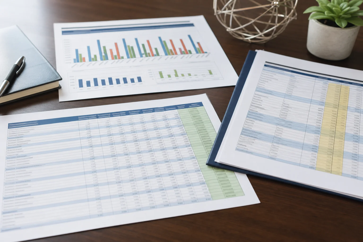 Financial planning documents showing real estate depreciation schedules, cost segregation analysis, and quarterly cash flow projections on a conference table