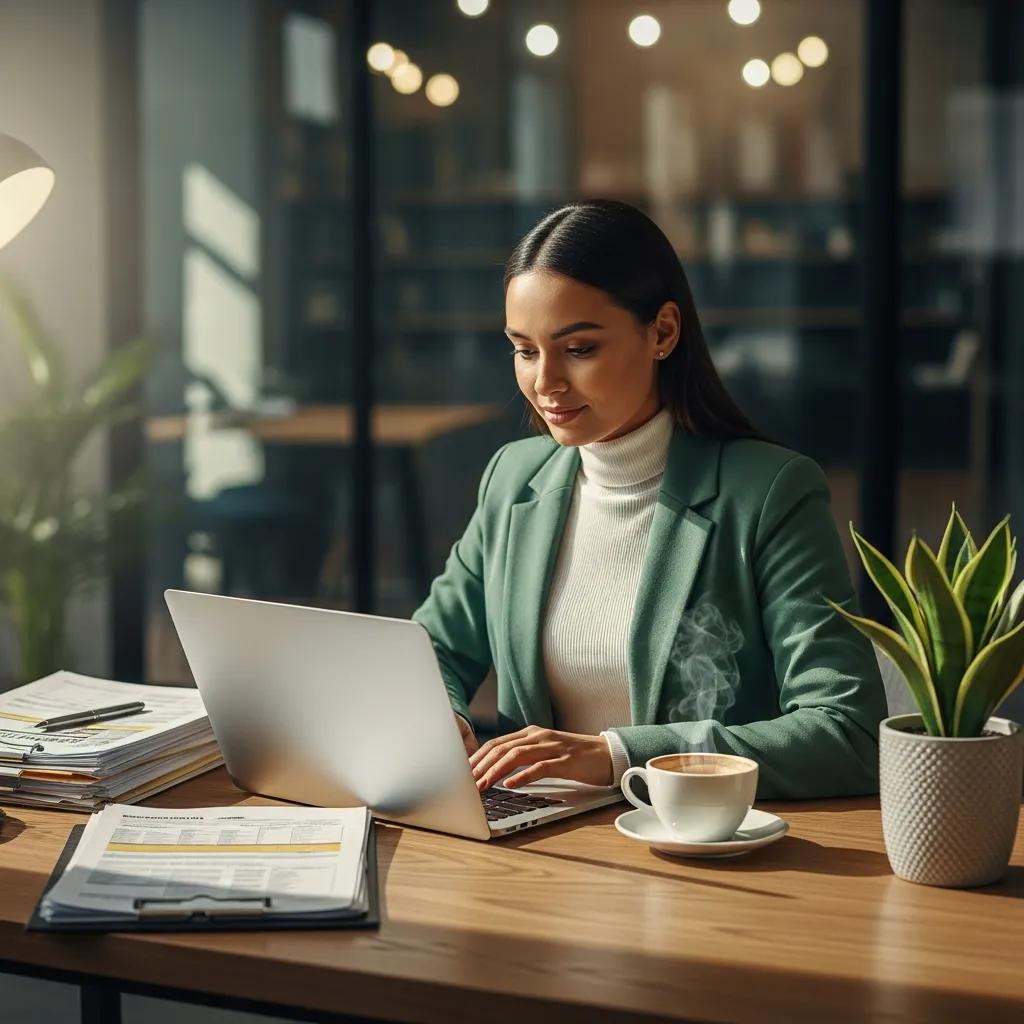 Real estate professional managing portfolio with accounting software in a cozy office