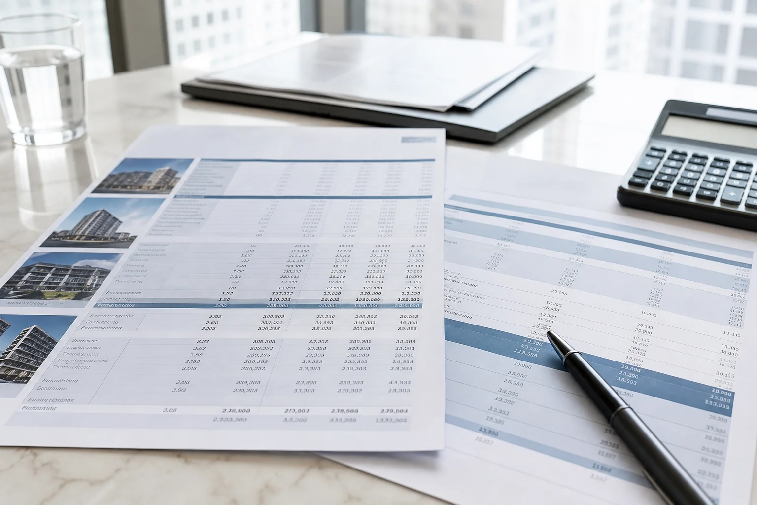 Close-up editorial photograph of real estate financial statements and balance sheets spread on a conference table, showing property-level income columns and consolidated totals