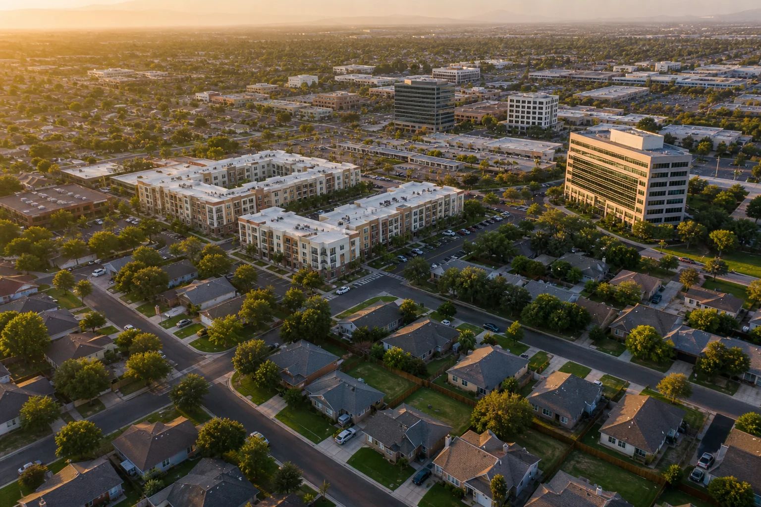 Aerial drone view of a diverse real estate portfolio showing apartment complexes and rental properties managed through real estate portfolio accounting