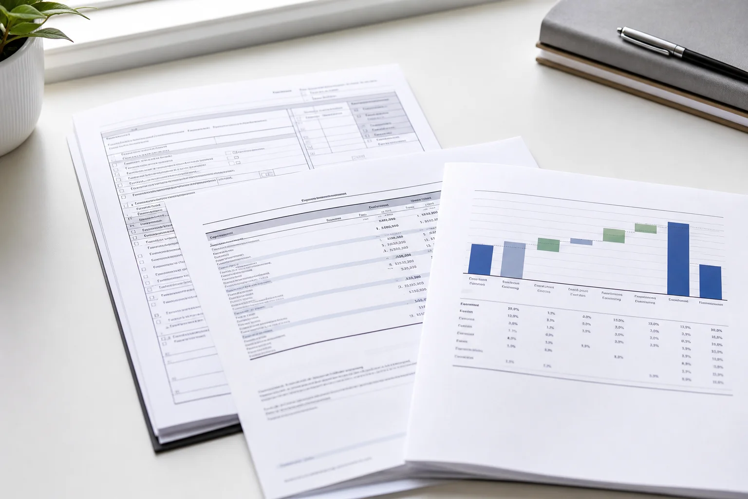 Partnership accounting documents for real estate syndications including Schedule K-1 forms and capital account statements spread on a clean surface