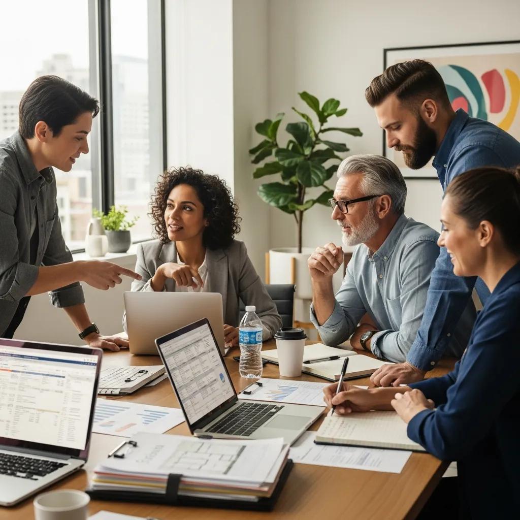 Diverse real estate investors discussing tax strategies in a modern office setting