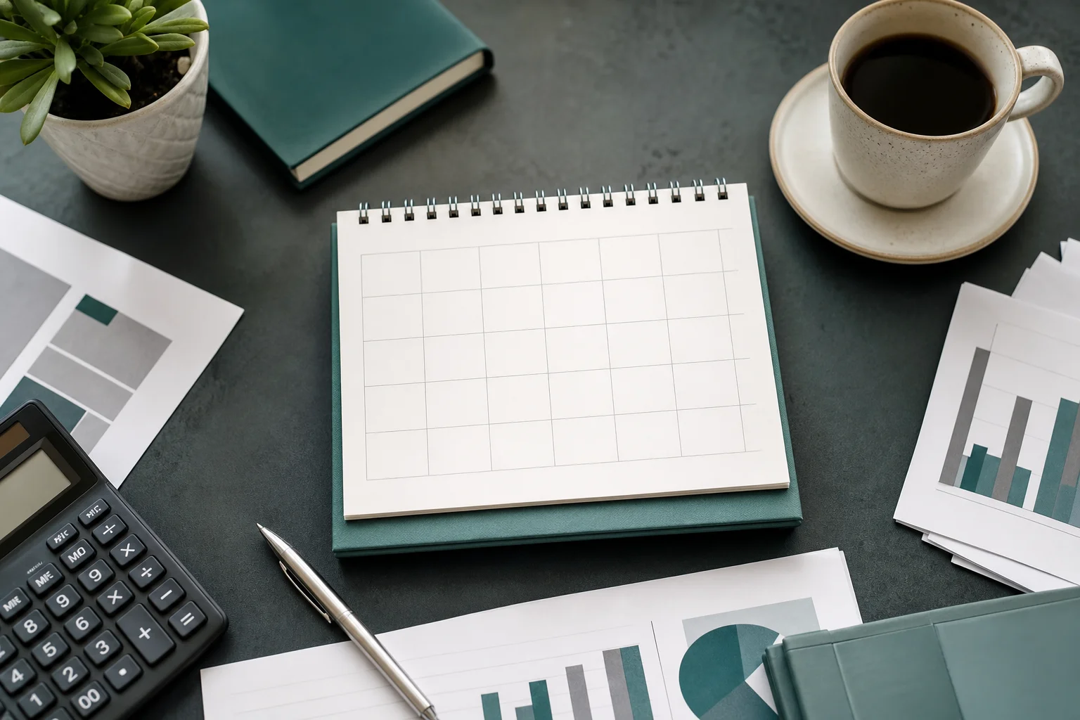 Flat lay of a real estate tax planning calendar with financial documents and a calculator on a property manager's desk