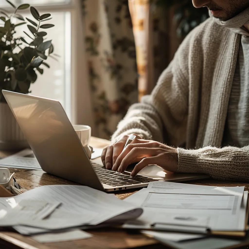 Property owner preparing for tax season with documents and laptop