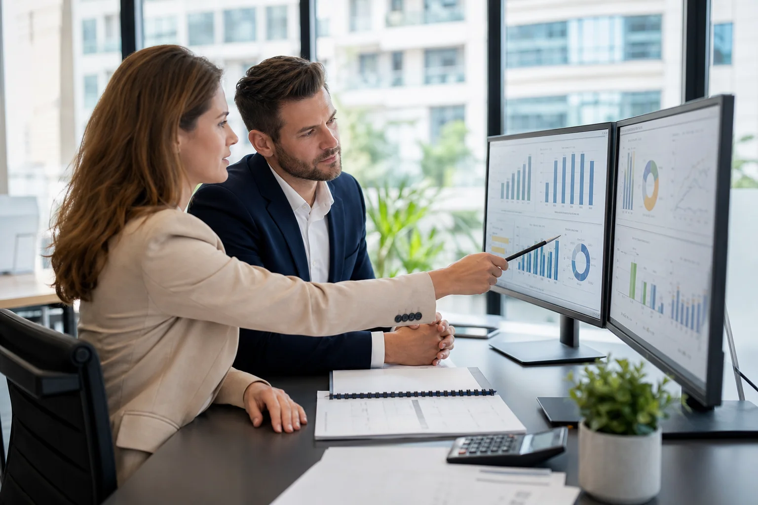 Professional real estate accountants reviewing REIT financial compliance reports on dual monitors, property portfolio dashboard visible on screen, modern office environment